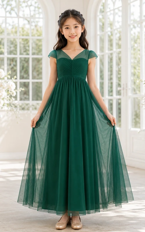 Smaragdgrünes Brautjungfernkleid für junge Mädchen, A-Linie, herzförmiger Schnitt, kurze Ärmel, Tüll, gestuft, romantisch, formell