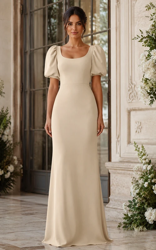 Champagne Scoop Neck Puff Sleeve Sheath Bridesmaid Dress