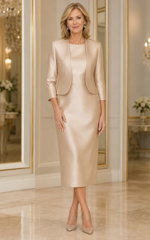 Champagnerfarbenes, wadenlanges Etuikleid aus Satin mit passender Jacke