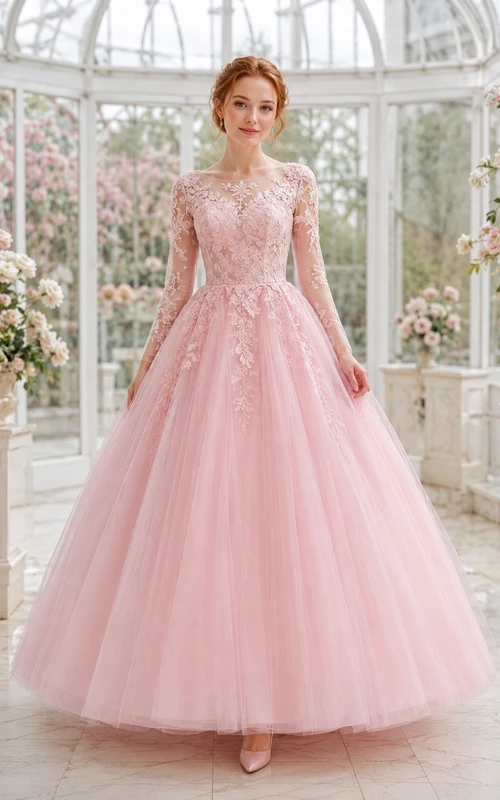Vestido de gala romántico de manga larga con encaje y tul rosa ruborizado para fiesta de graduación.