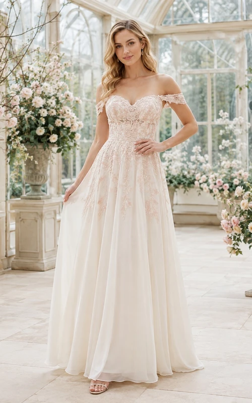 Blush Tulle Off Shoulder Short Sleeve A-Line Floor Length Romantic Bridal Dress