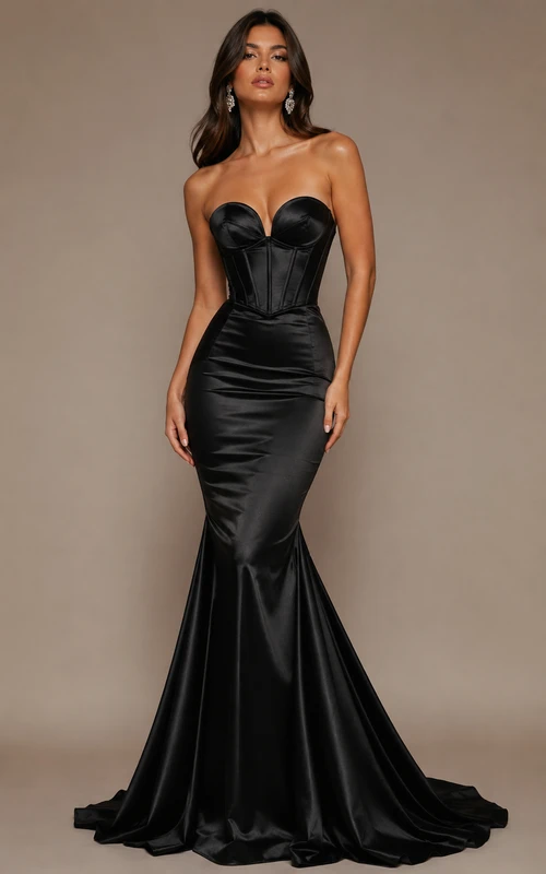 Schwarzes, trägerloses Meerjungfrauen-Abendkleid aus Satin mit Korsett-Oberteil und vorderem Schlitz.