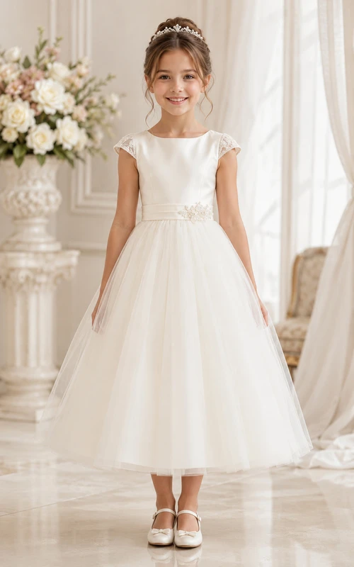 Simple Tea-length Cap Sleeve Tulle Flower Girl Dress with Bow