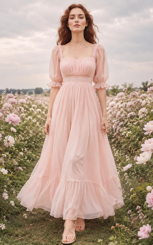 Blush Puff Sleeve Chiffon Square Neck Portrait Gown