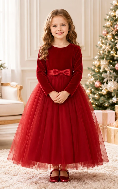 Robe de demoiselle d'honneur d'hiver en tulle rouge velours à manches longues, longueur thé, coupe trapèze, avec nœud
