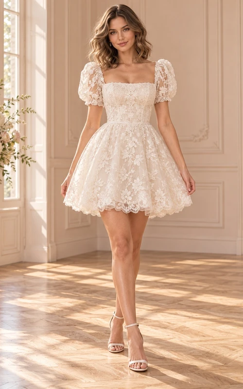 Short Square Neck Puff Sleeve Floral Lace A-line Wedding Dress