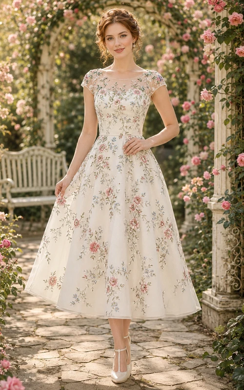 Brautkleid im Gartenstil mit floraler Stickerei, Illusion-Ausschnitt und Teelänge