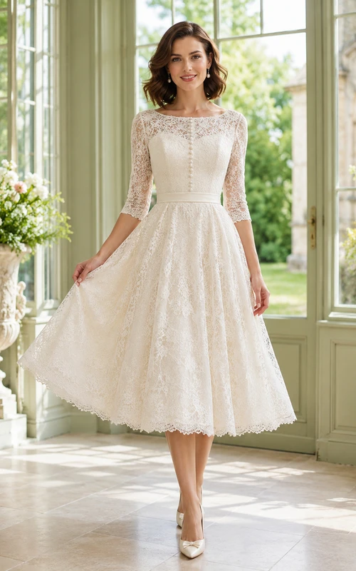 Robe de mariée vintage bateau à manches trois-quarts en dentelle, coupe trapèze et longueur thé