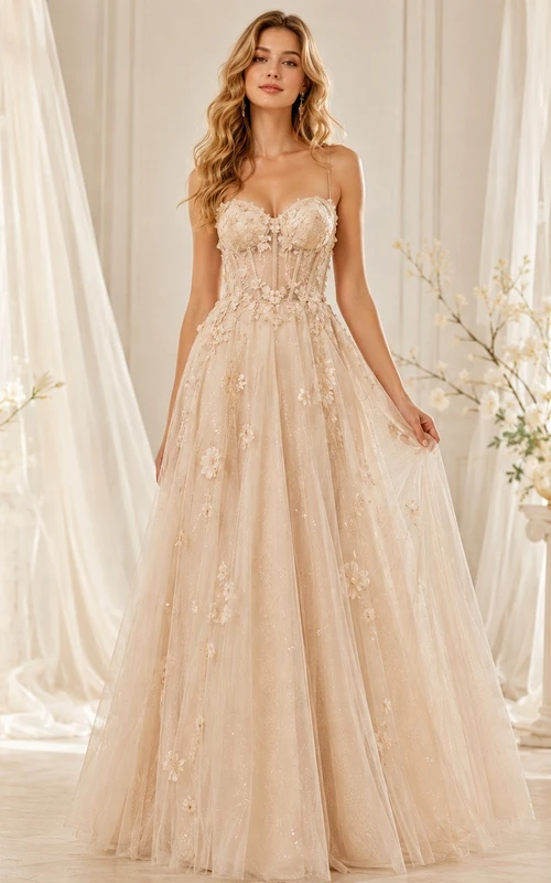 Champagne Sweetheart Strapless Floral Beaded Tulle Ball Gown Floor-Length Fairy Dress