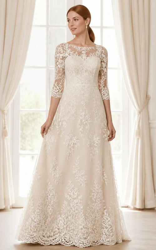 Robe de mariée sobre à fleurs et plumes, coupe trapèze, en dentelle, longueur au sol, manches trois-quarts, pour la mère de la mariée.