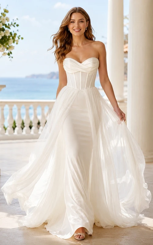 Vestido de novia sencillo sin tirantes con corsé y falda transparente desmontable, corte en A.