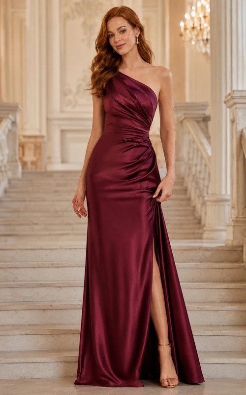 Robe de soirée asymétrique en satin bordeaux à une épaule et fente haute