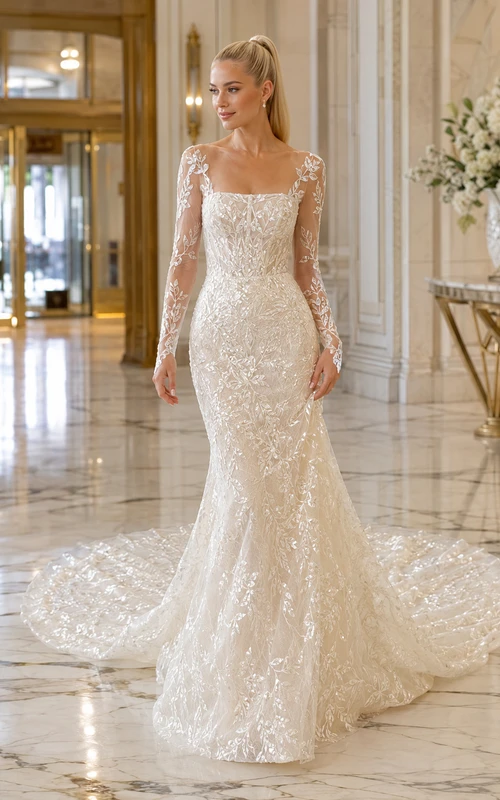 Robe de mariée sirène à col carré et manches longues en dentelle, avec traîne chapelle et manches fleuries, idéale pour une salle de bal.