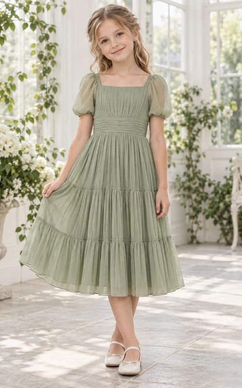 Square Neck Tea-length Sage Puff Sleeve Pleated Chiffon Flower Girl Dress