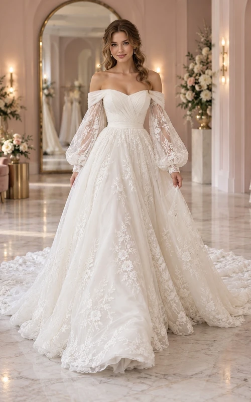 Vestido de novia romántico de manga larga, hombros descubiertos, encaje floral, tul y cola de capilla fruncida.