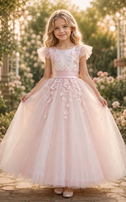 Flower Girl Dress Blush Lace Tulle A-Line Short Sleeve Jewel Neck Tea Length