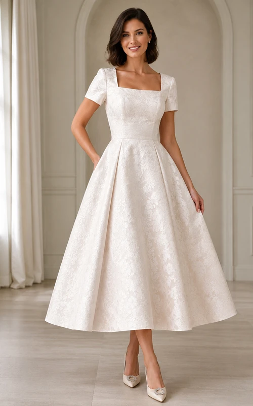 Vestido de recepción nupcial vintage de satén con escote cuadrado y manga corta, largo hasta la rodilla.