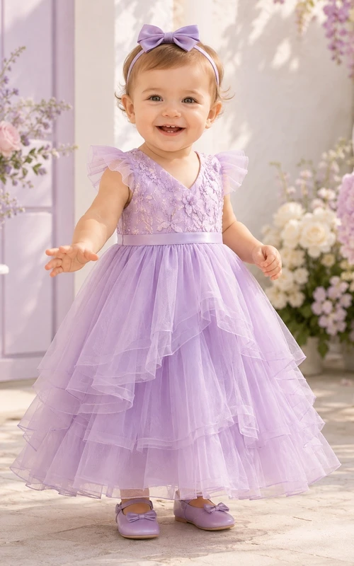 Vestido de bautizo de bebé de corte A, largo midi, con mangas cortas y tul color lavanda.