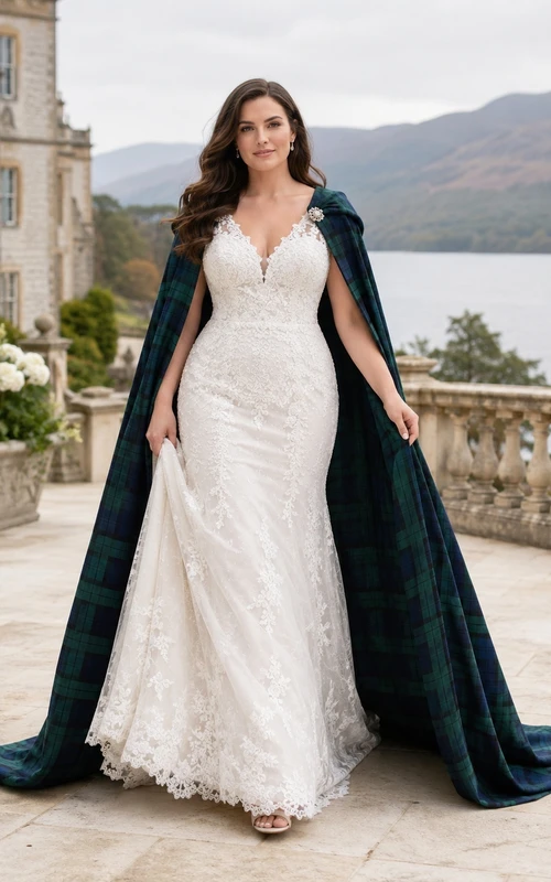 Schottisches Tartan-Cape-Ärmelloses Meerjungfrauen-Hochzeitskleid mit tiefem V-Ausschnitt und Spitze