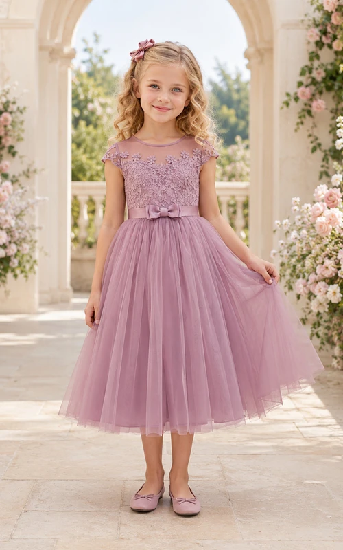 Robe de demoiselle d'honneur en tulle et dentelle mauve, coupe trapèze, manches courtes, nœud et appliques florales