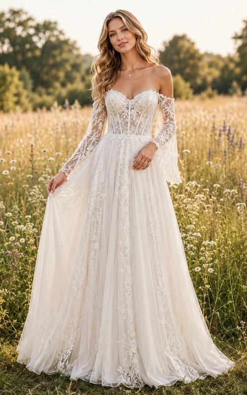 Robe de mariée longue en tulle fleuri, coupe trapèze, épaules dénudées, manches longues, ornée d'appliqués et traîne.