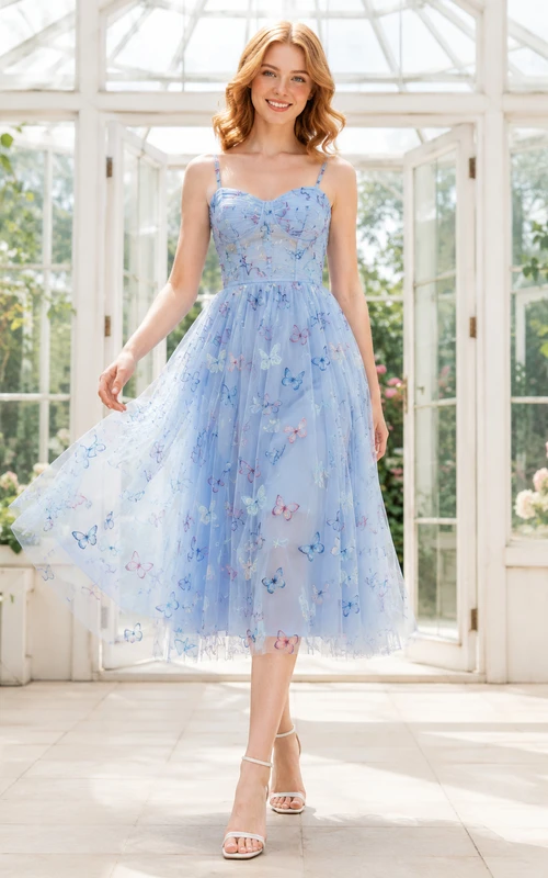 Blue Butterfly Print Tulle Greenhouse Party Midi Dress