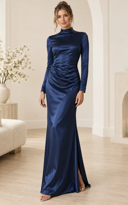 Vestido de invitada largo hasta el suelo, de satén zafiro, con cuello alto y mangas largas fruncidas.