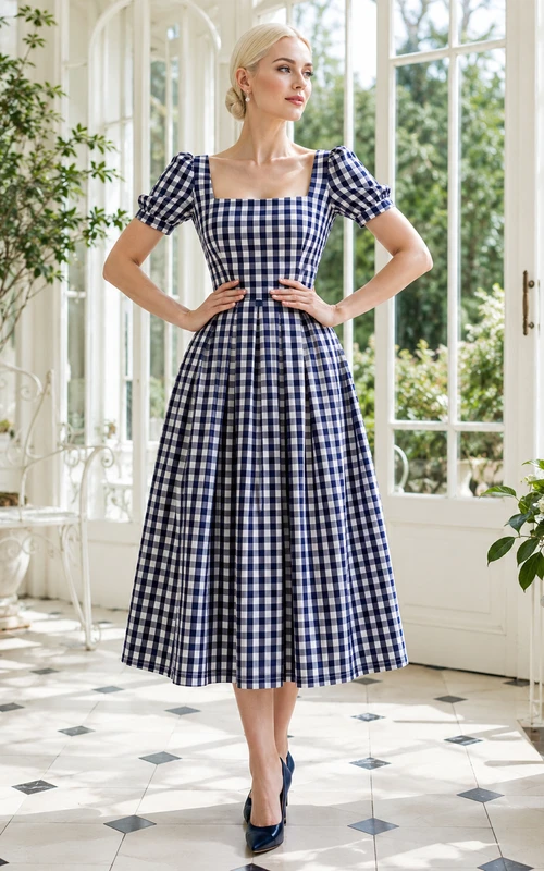 Robe cocktail vintage bleu marine à carreaux vichy, col carré, manches courtes bouffantes, coupe trapèze, longueur thé