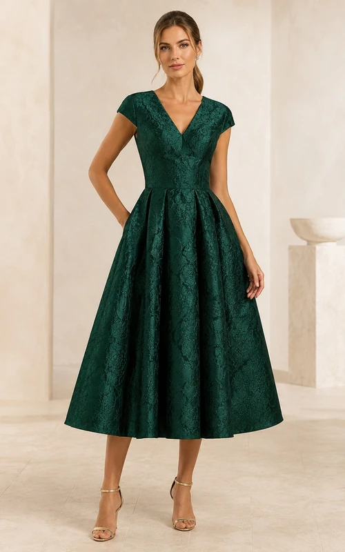 Dark Green Cap Sleeve V-Neck Lace Tea-Length Ball Gown Formal Guest Dress