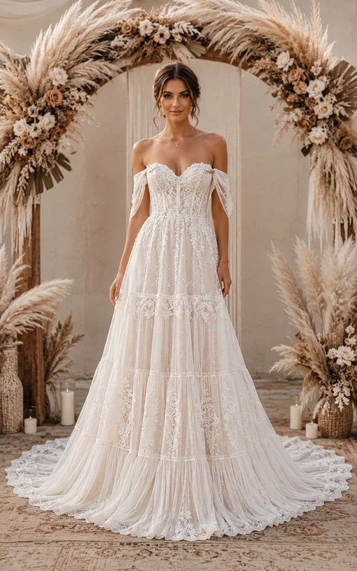 Boho Princess A-Line Wedding Dress Off Shoulder Sweetheart Tulle Lace Applique Tiered Floor Length Chapel Train Ivory