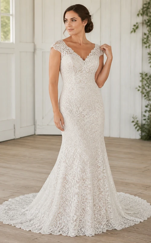 Vestido de novia de encaje estilo catedral con escote en V festoneado y mangas cortas, corte sirena y mangas modestas