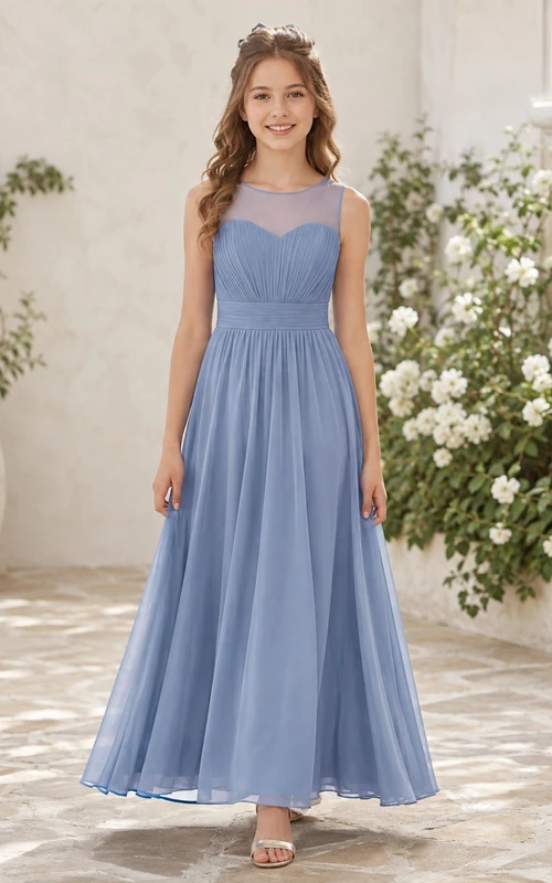 Vestido de dama de honor juvenil azul pizarra, corte en A, largo hasta el suelo, sin mangas, falda plisada, estilo romántico.
