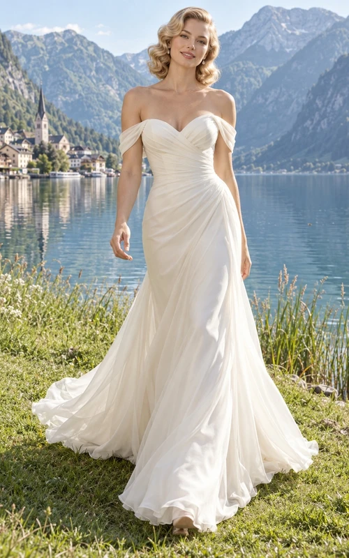 Vestido de novia sencillo de gasa satinada con hombros descubiertos, sin mangas, fruncido y cola larga