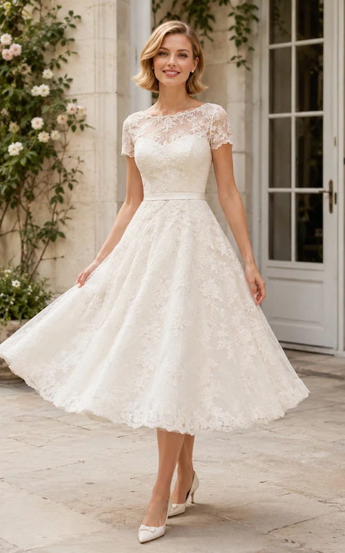 Vestido de novia vintage de encaje con escote barco, largo hasta la rodilla y mangas cortas, estilo línea A.