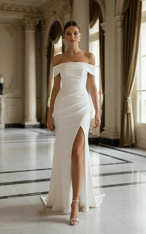 Robe de soirée en satin à épaules dénudées et fente haute