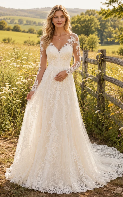Robe de mariée champêtre en tulle et dentelle, coupe trapèze, col en V, sans manches, traîne, dos nu plongeant.