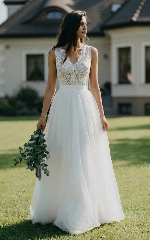 Robe trapèze en dentelle et tulle à col en V festonné