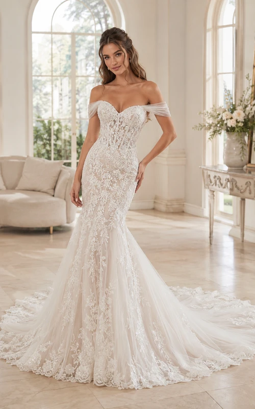 Robe de mariée courte sirène en dentelle romantique, épaules dénudées, ornée d'appliques chapelle et d'un décolleté en V raffiné avec fermeture éclair au dos