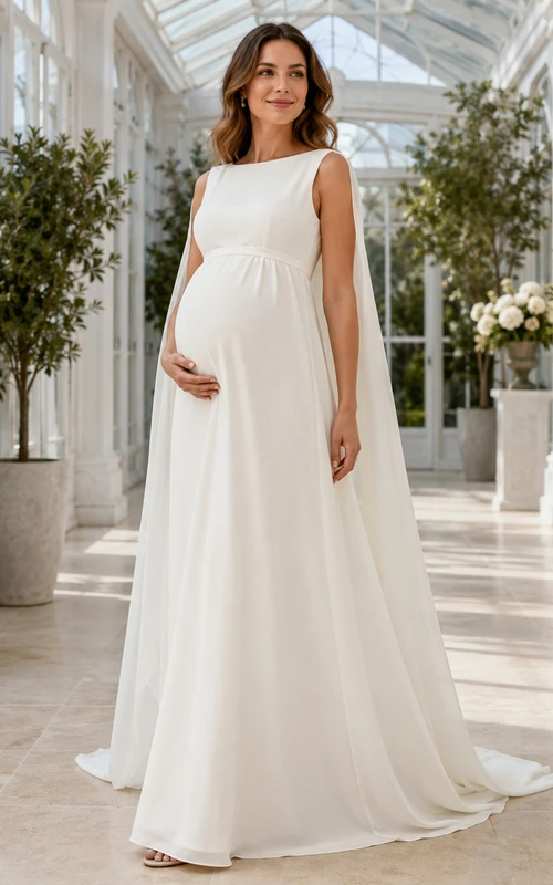 Elegant Maternity A Line Sleeveless Bateau Cape Floor Length Wedding Dress
