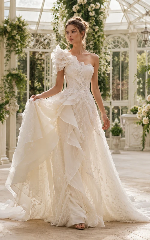Robe de mariée asymétrique en tulle fleuri à une épaule, coupe trapèze, volants cascade, style chapelle