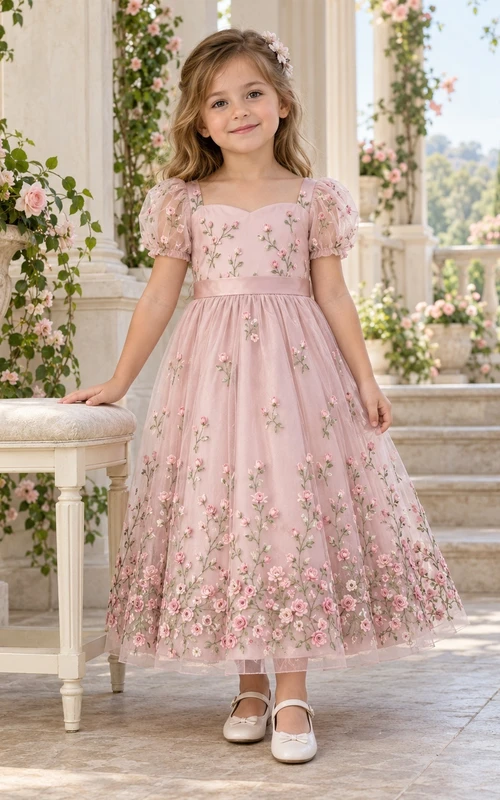 Teelanges, zartrosa geblümtes Sommerkleid in A-Linie aus Tüll mit Puffärmeln und Schleife am Rücken für Blumenmädchen