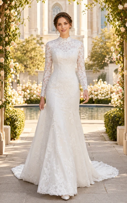 Robe de mariée fourreau en dentelle à manches longues, style Temple Garden, d'une élégance sobre.
