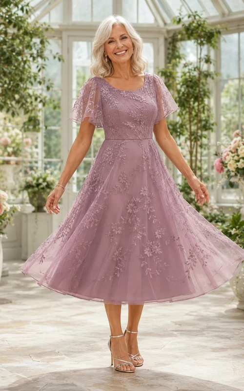 Pink Mother Lace Square-Neck Short-Sleeve A-Line Tea-Length Dress