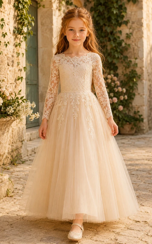 Floor-Length Tulle with Lace Bodice A-Line Flower Girl Dress with Short Sleeves, Jewel Neck and Floor-Length Skirt