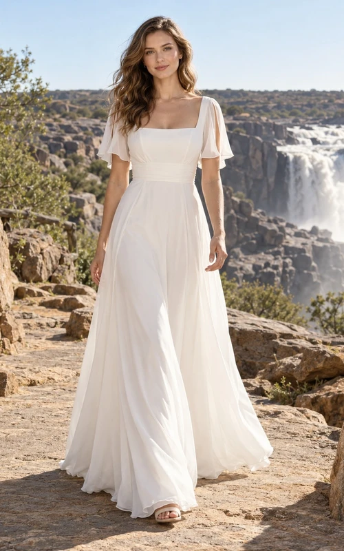 Vestido de novia sencillo de gasa con cuello cuadrado, manga corta y corpiño liso en línea A