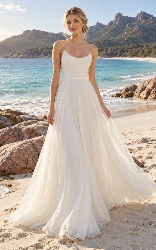 Einfaches, locker fallendes A-Linien-Brautkleid im Spaghetti-Schnitt, das perfekt in die Taille passt und am Strand einzieht