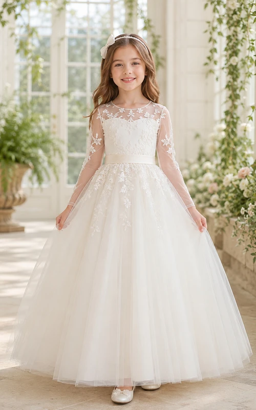 Blumenmädchenkleid aus elfenbeinfarbener Spitze und Tüll, A-Linie, Rundhalsausschnitt, Teelänge, plissiert