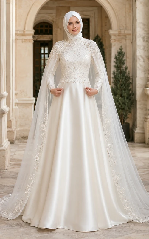 Two Piece Muslim Lace Cape Satin Ball Gown Wedding Dress
