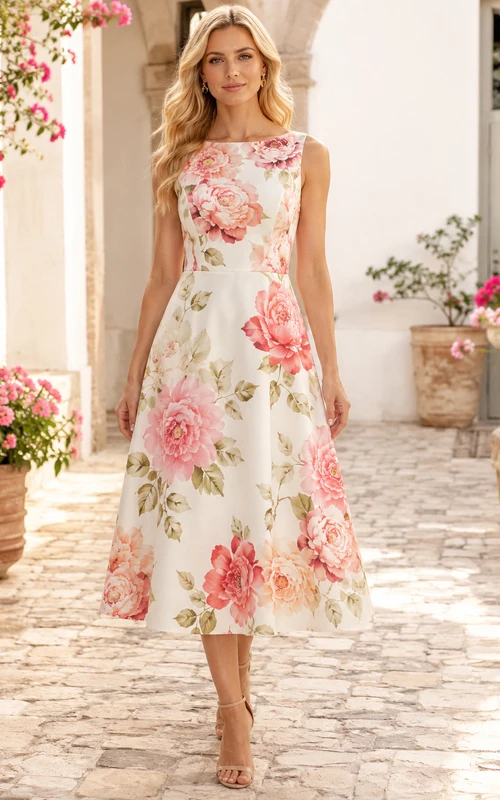 Large Floral Sleeveless Bateau Tea Length A-Line Dress