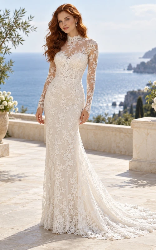 High Neck Long Sleeve Open Back Floral Lace Wedding Dress